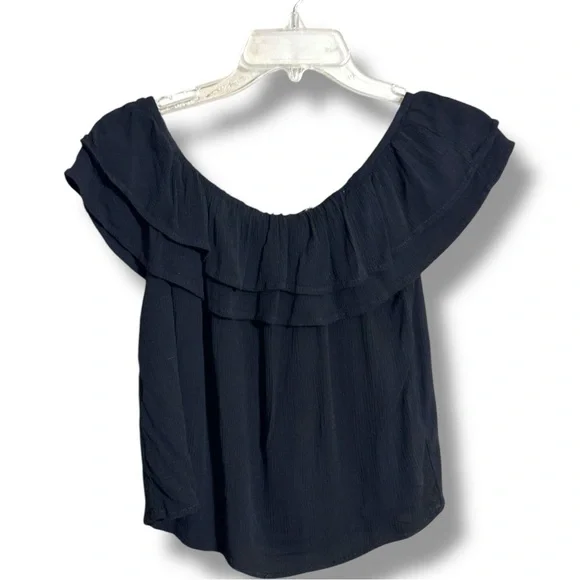 One Clothing Off The Shoulder Ruffled Neck and Sleeves Black Lightweight Top - Picture 14 of 16